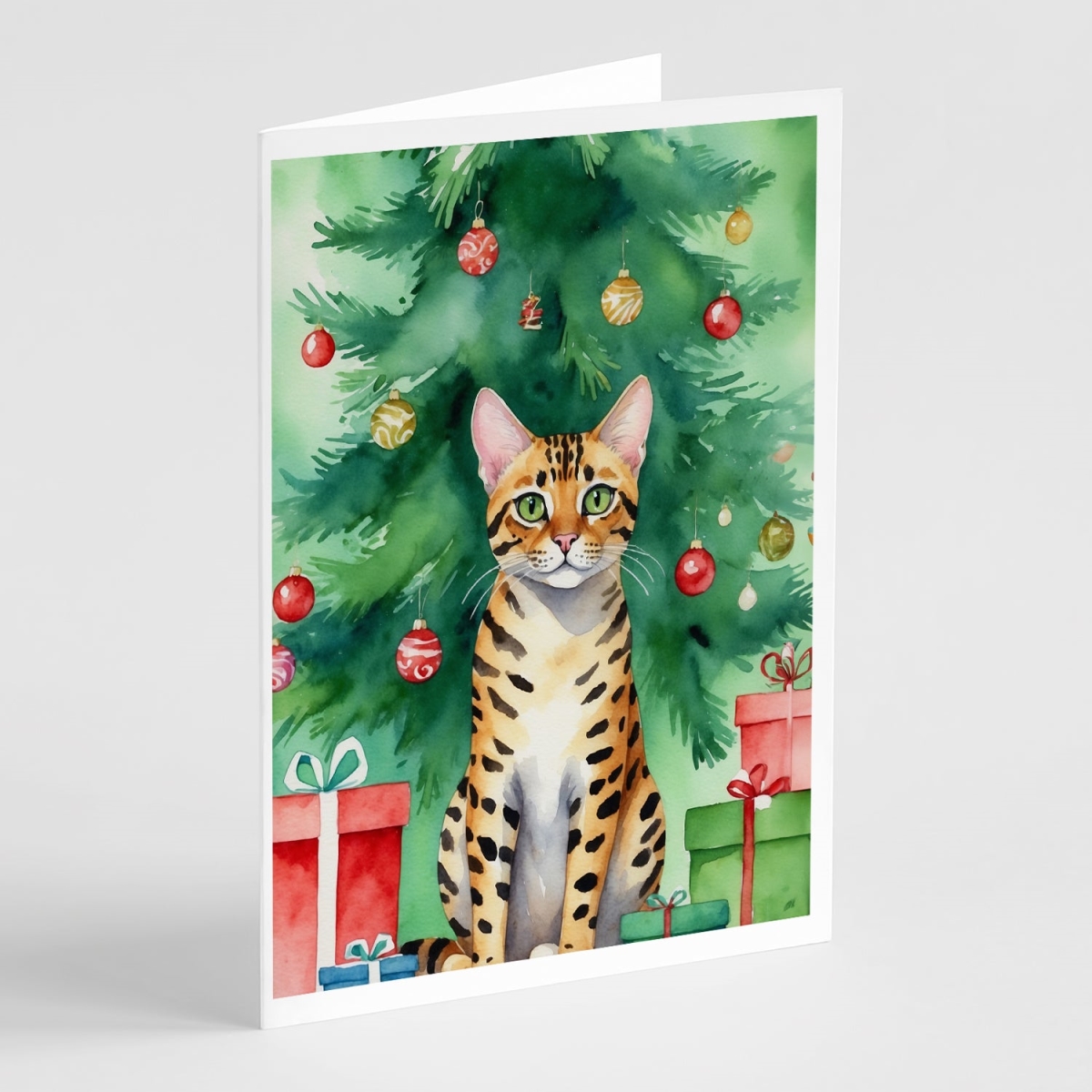DAC7197GCA7P 5 x 7 in. Bengal Cat by the Christmas Tree Greeting Cards - Pack of 8