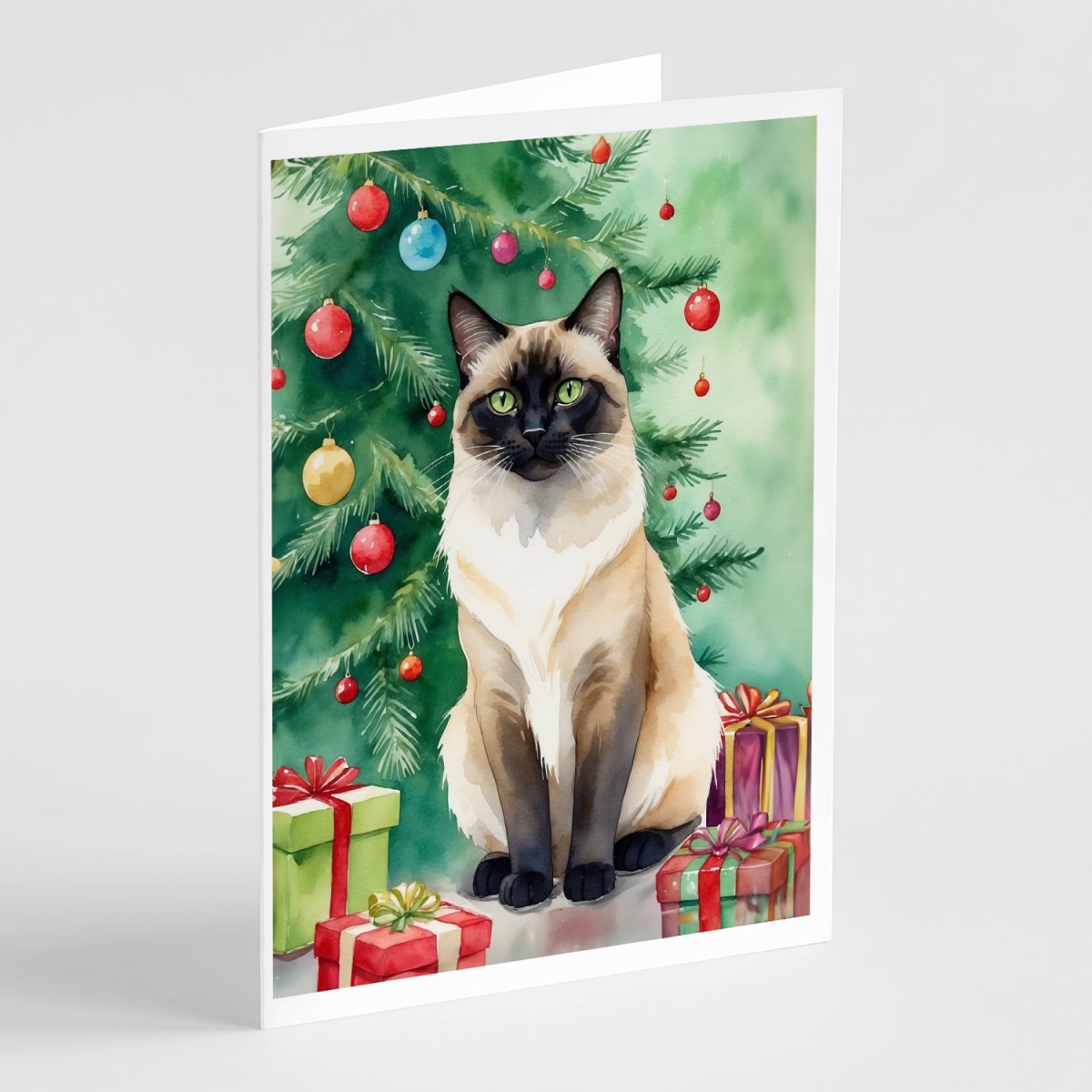 DAC7198GCA7P 5 x 7 in. Birman Cat by the Christmas Tree Greeting Cards - Pack of 8