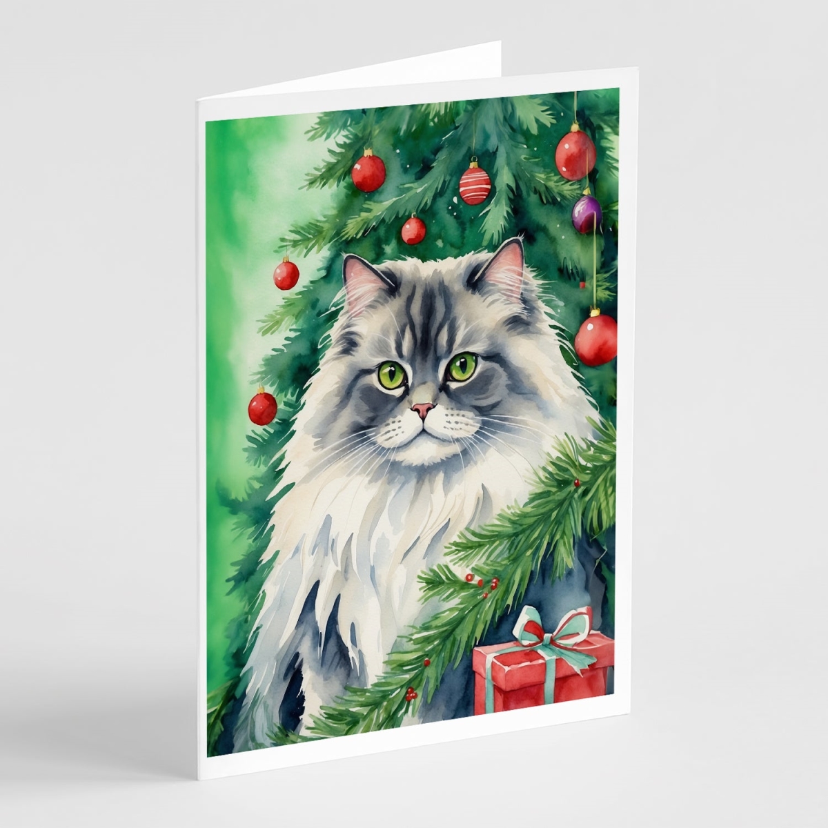 DAC7199GCA7P 5 x 7 in. British Longhair Cat by the Christmas Tree Greeting Cards - Pack of 8