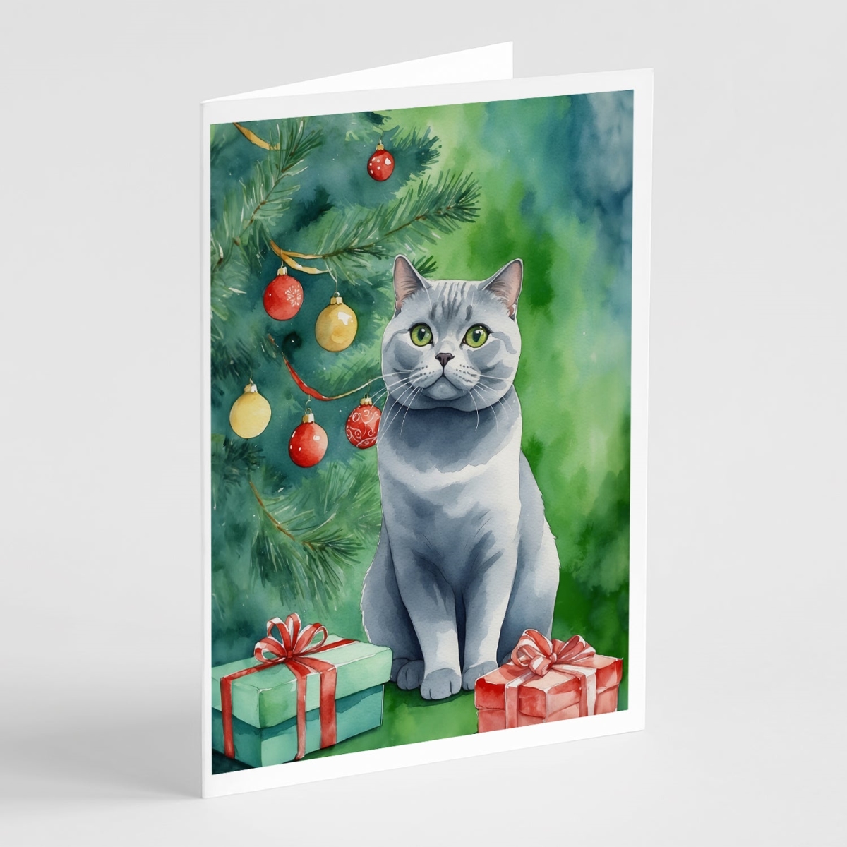 DAC7200GCA7P 5 x 7 in. British Shorthair Cat by the Christmas Tree Greeting Cards - Pack of 8