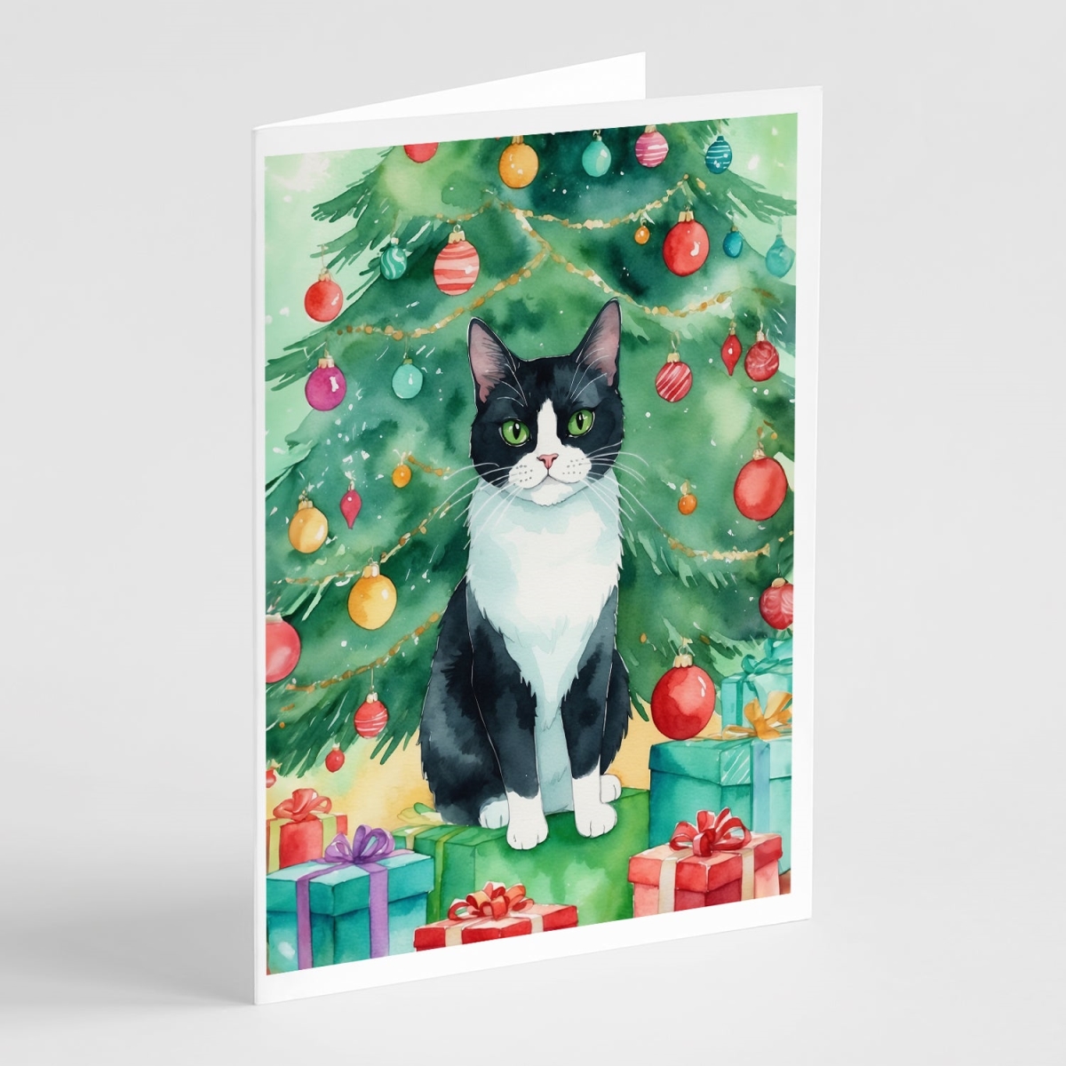 DAC7202GCA7P 5 x 7 in. Chantilly Tiffany Cat by the Christmas Tree Greeting Cards - Pack of 8