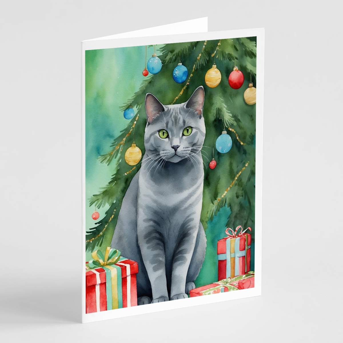 DAC7203GCA7P 5 x 7 in. Chartreux Cat by the Christmas Tree Greeting Cards - Pack of 8
