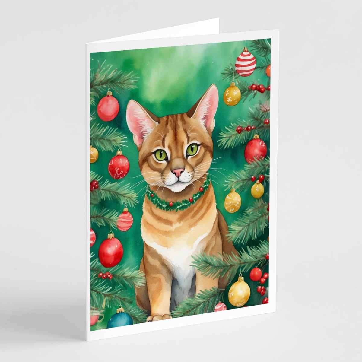 DAC7204GCA7P 5 x 7 in. Chausie Cat by the Christmas Tree Greeting Cards - Pack of 8