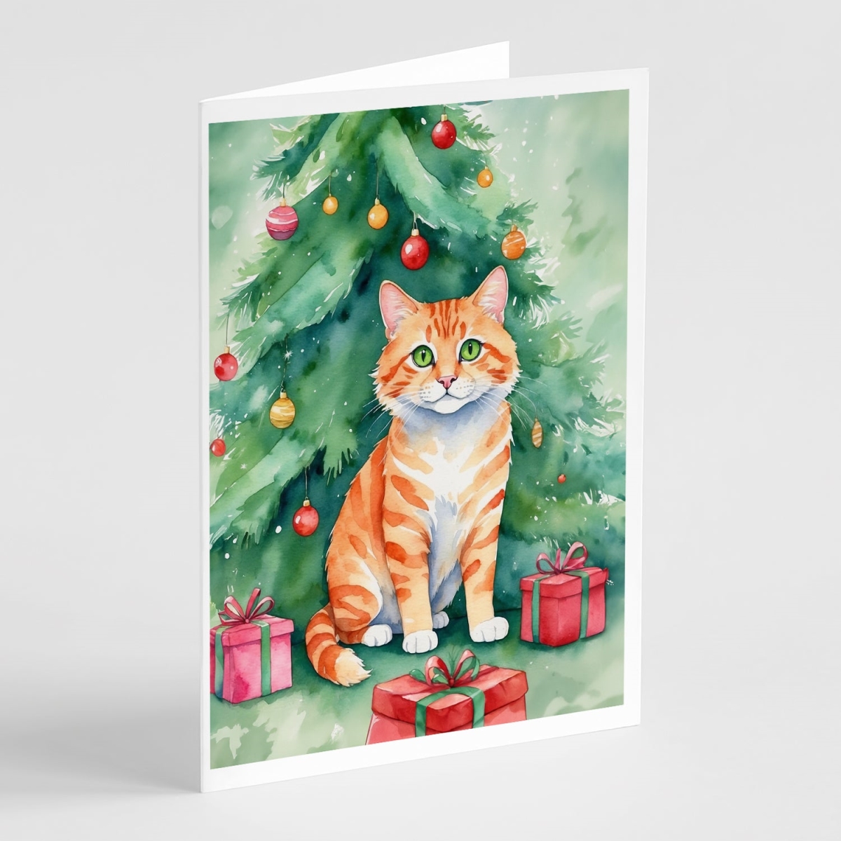 DAC7205GCA7P 5 x 7 in. Cheetoh Cat by the Christmas Tree Greeting Cards - Pack of 8