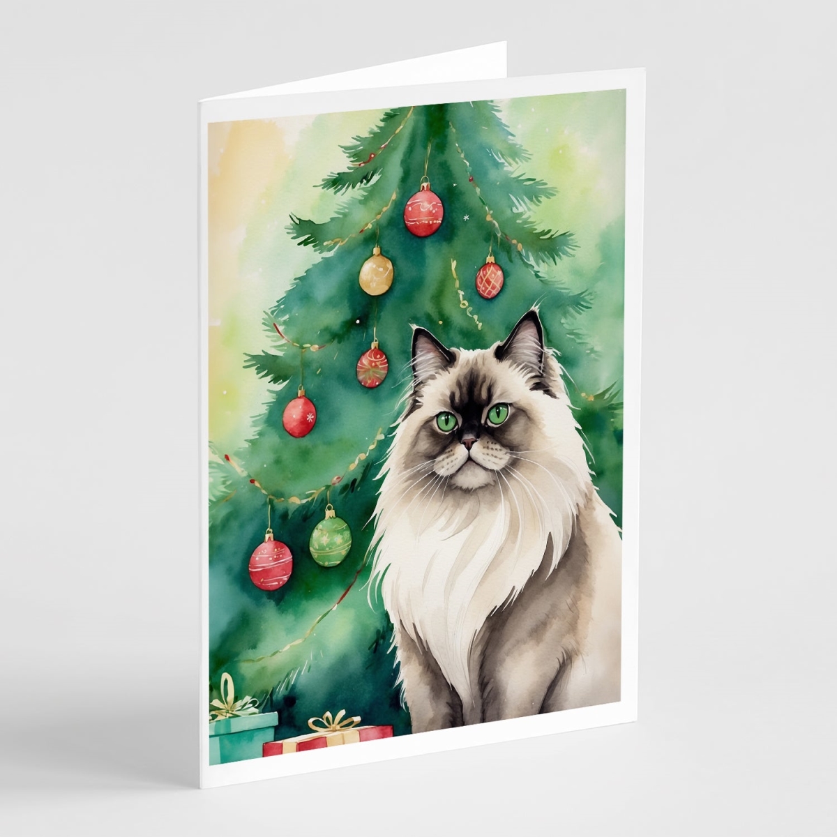 DAC7206GCA7P 5 x 7 in. Colorpoint Longhair Cat by the Christmas Tree Greeting Cards - Pack of 8