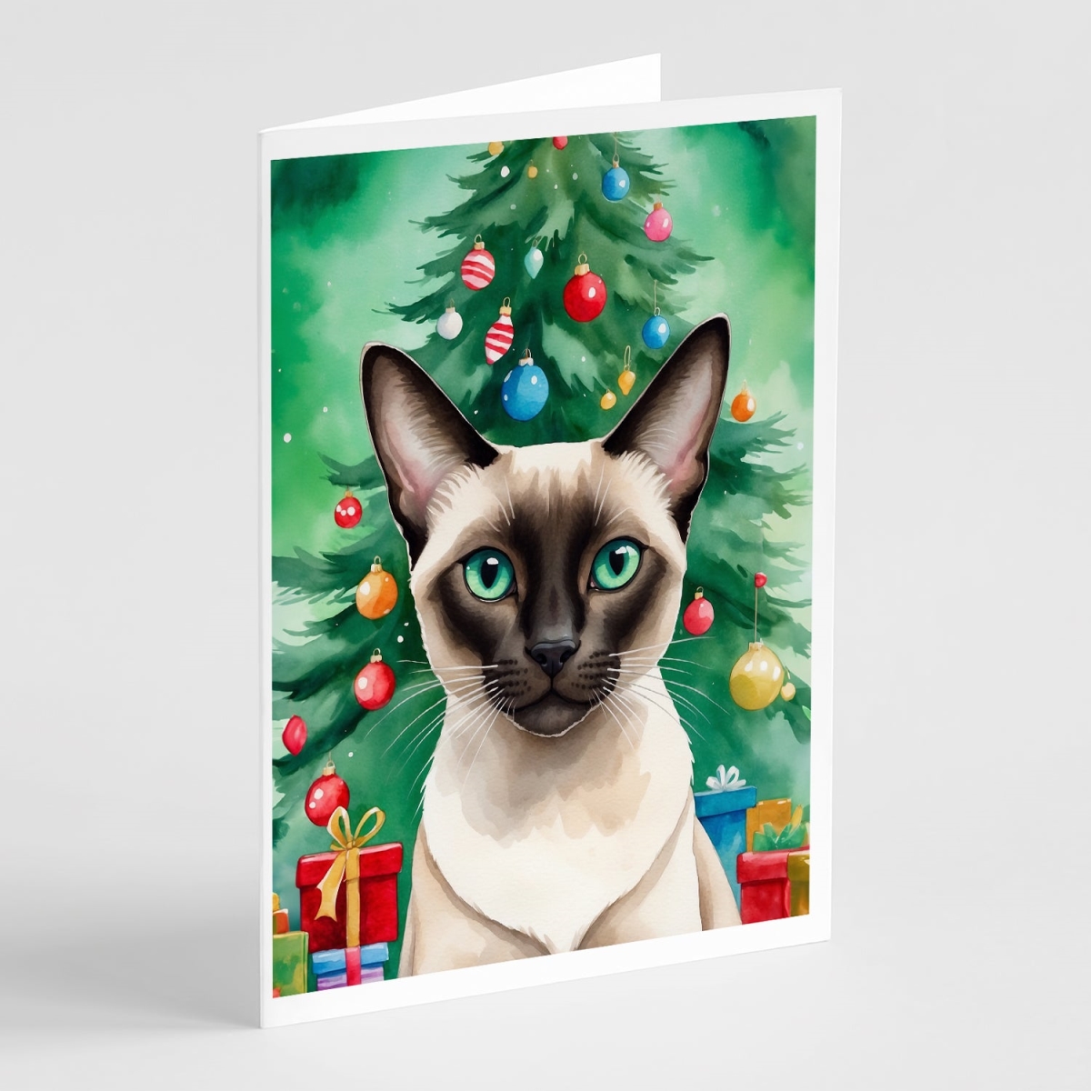 DAC7207GCA7P 5 x 7 in. Colorpoint Shorthair Cat by the Christmas Tree Greeting Cards - Pack of 8