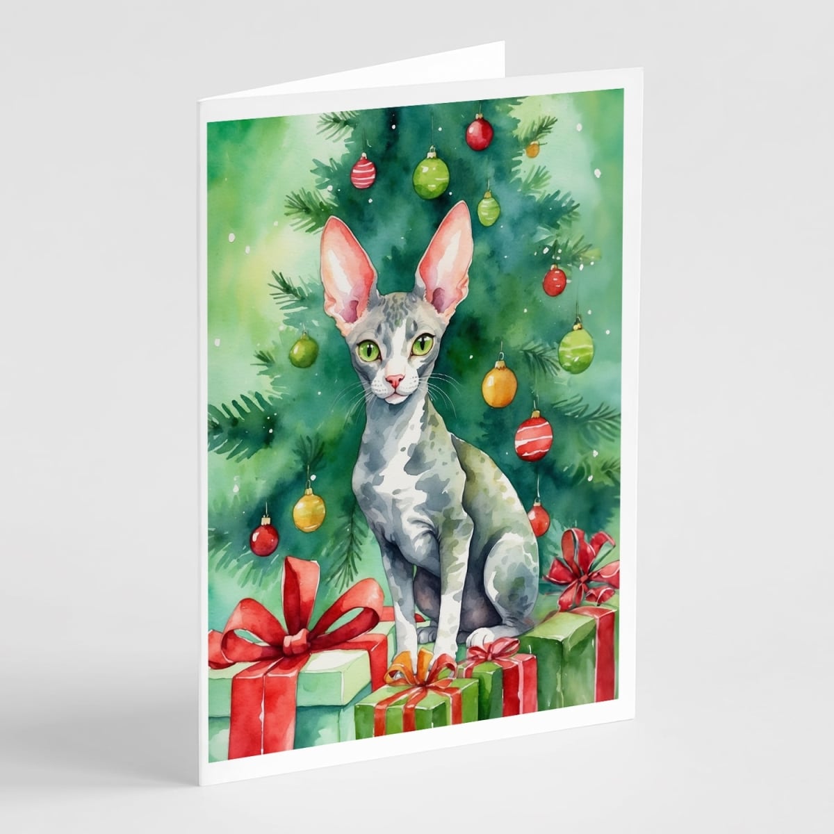 DAC7208GCA7P 5 x 7 in. Cornish Rex Cat by the Christmas Tree Greeting Cards - Pack of 8