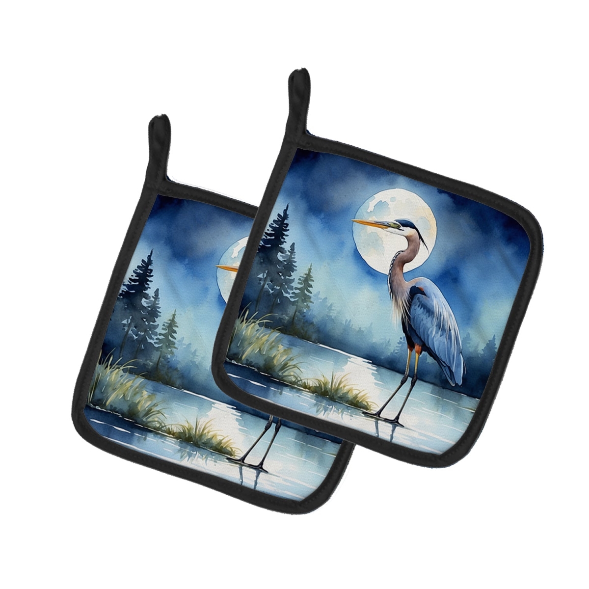 DAC7495PTHD 7.5 x 7.5 in. Blue Heron Under the Moonlight Pot Holders - Set of 2