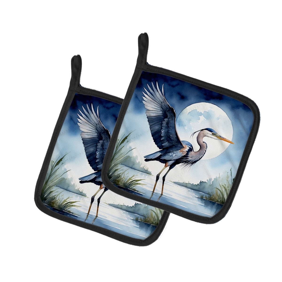 DAC7496PTHD 7.5 x 7.5 in. Blue Heron Under the Moonlight Pot Holders - Set of 2