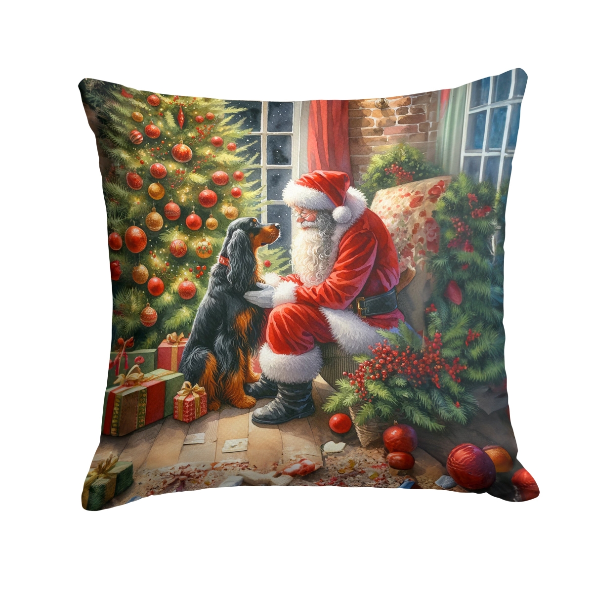 Gordon Setter & Santa Claus Throw Pillow - Multicolor - 18 x 18 in. - Water-Resistant Fabric
