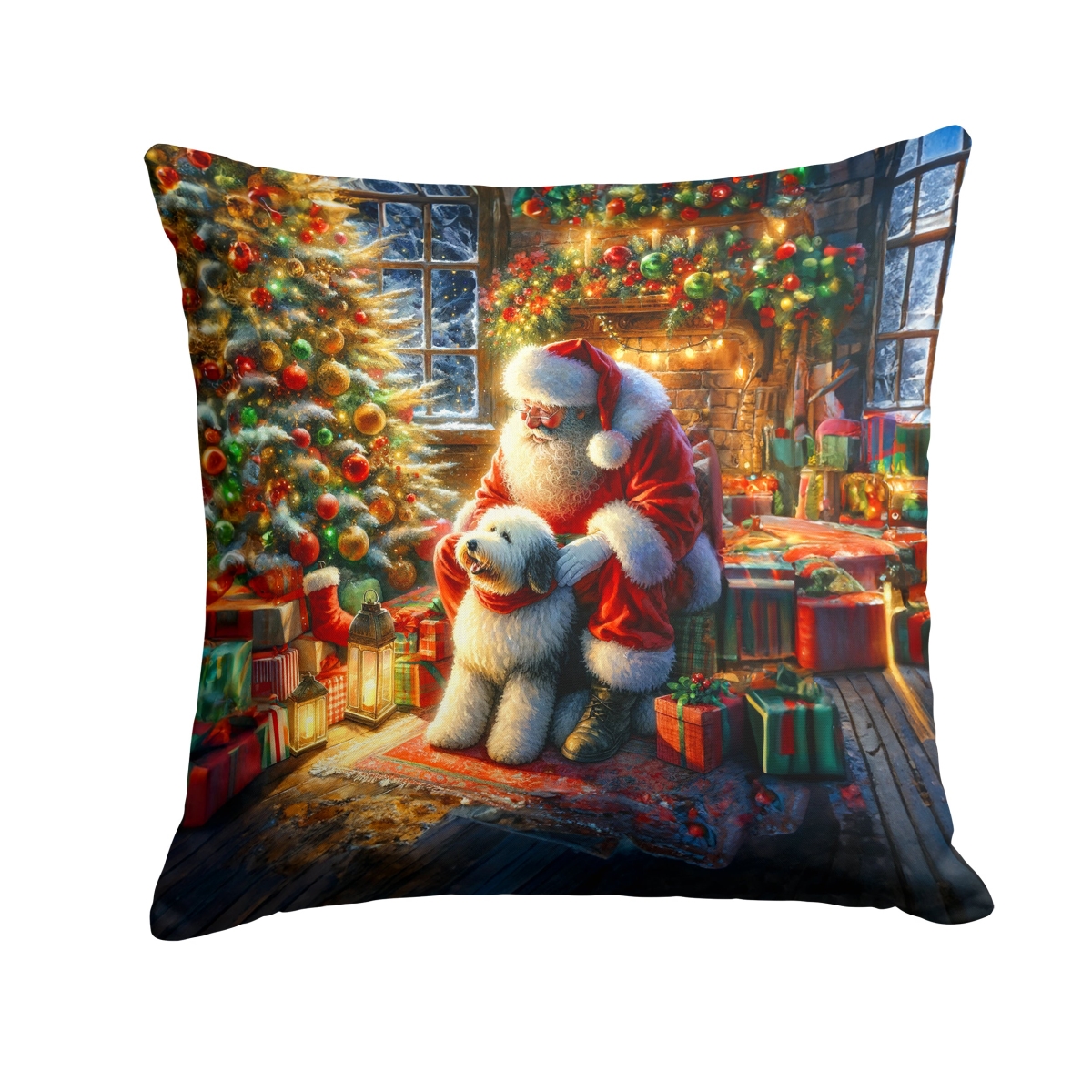 DAC4146PW1818 18 x 18 in. Old English Sheepdog & Santa Claus Throw Pillow