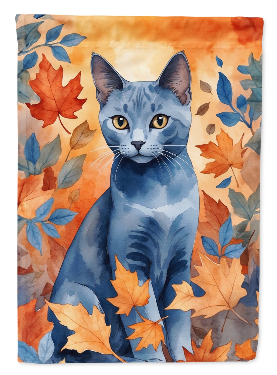 DAC7165CHF 40 x 28 in. Russian Blue Cat in Fall Leaves House Flag