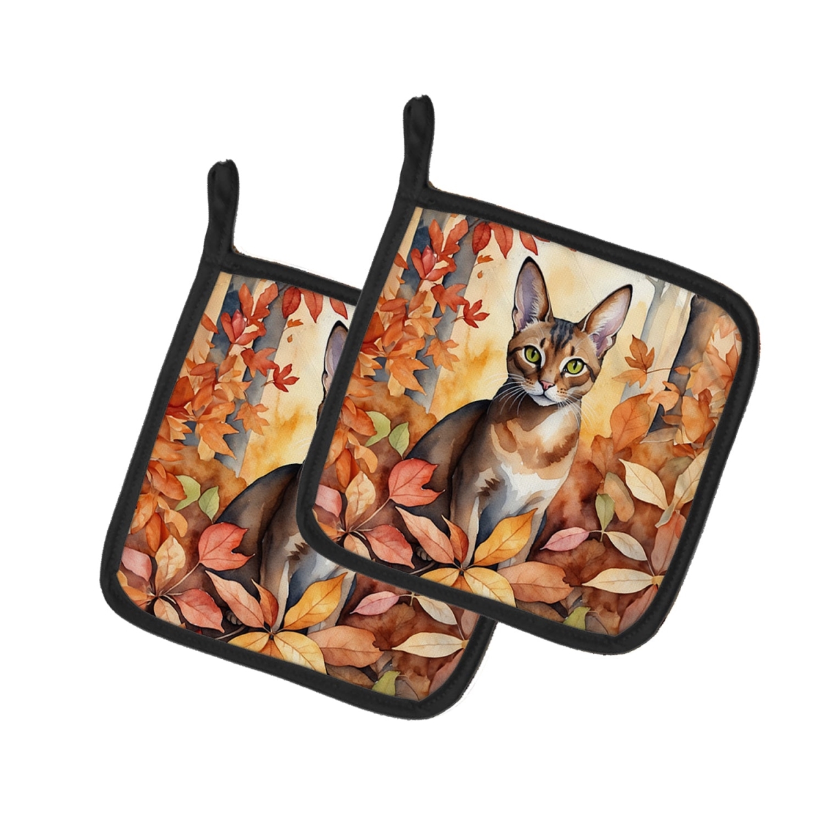 Picture of Carolines Treasures DAC7101PTHD 7.5 x 7.5 in. Abyssinian Cat in Fall Leaves Pot Holders - Set of 2