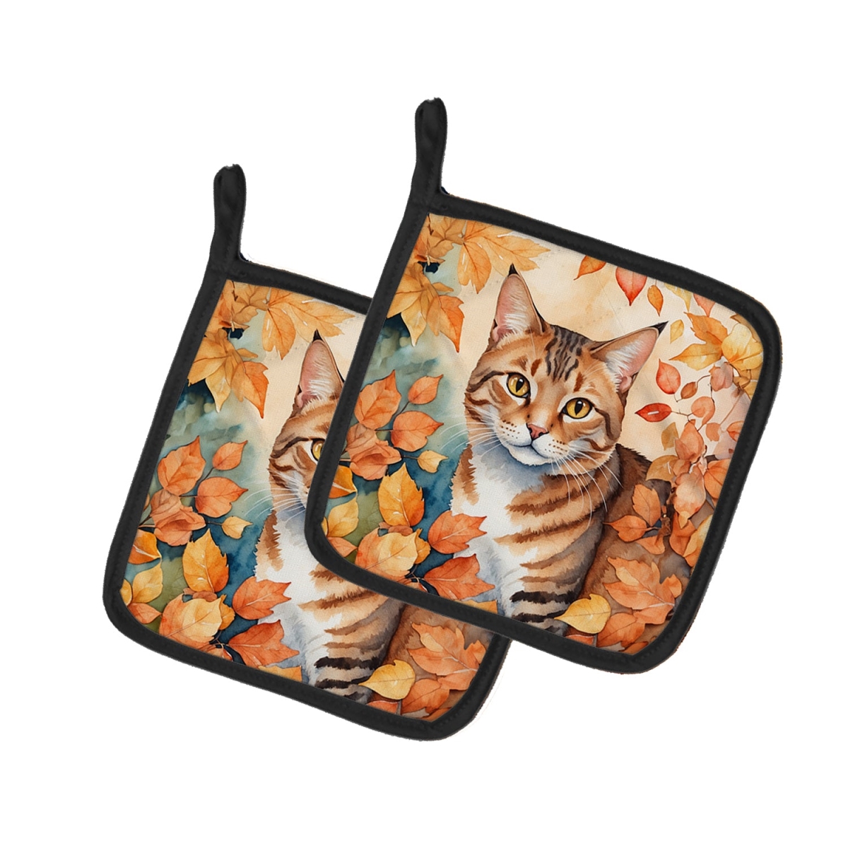 Picture of Carolines Treasures DAC7102PTHD 7.5 x 7.5 in. Aegean Cat in Fall Leaves Pot Holders - Set of 2