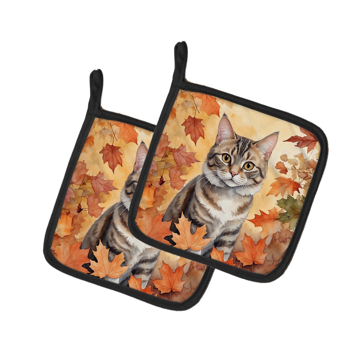 Picture of Carolines Treasures DAC7103PTHD 7.5 x 7.5 in. American Bobtail Cat in Fall Leaves Pot Holders - Set of 2