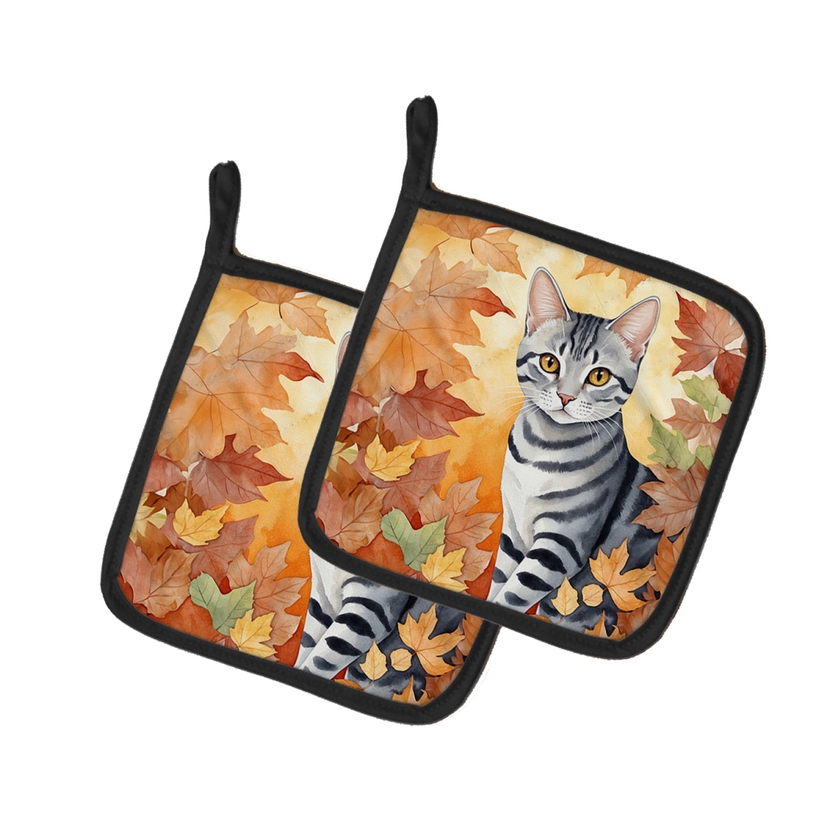 Picture of Carolines Treasures DAC7106PTHD 7.5 x 7.5 in. American Shorthair Cat in Fall Leaves Pot Holders - Set of 2