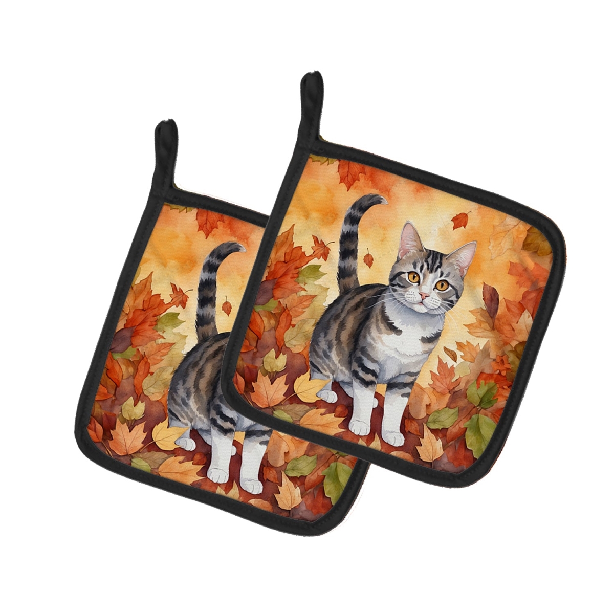 Picture of Carolines Treasures DAC7107PTHD 7.5 x 7.5 in. American Wirehair Cat in Fall Leaves Pot Holders - Set of 2