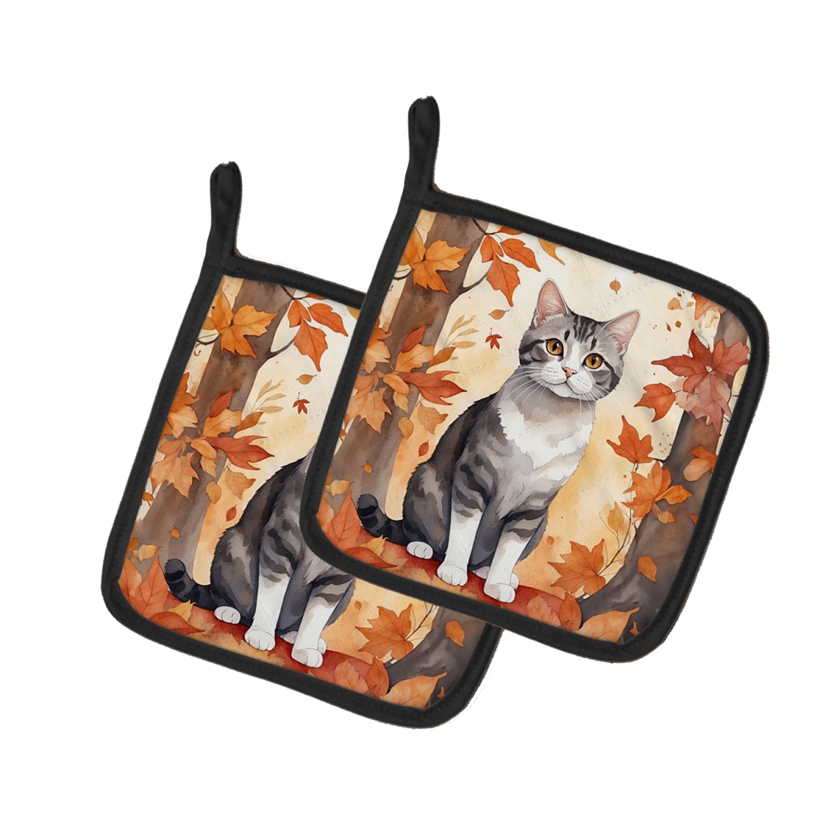 Picture of Carolines Treasures DAC7108PTHD 7.5 x 7.5 in. American Wirehair Cat in Fall Leaves Pot Holders - Set of 2