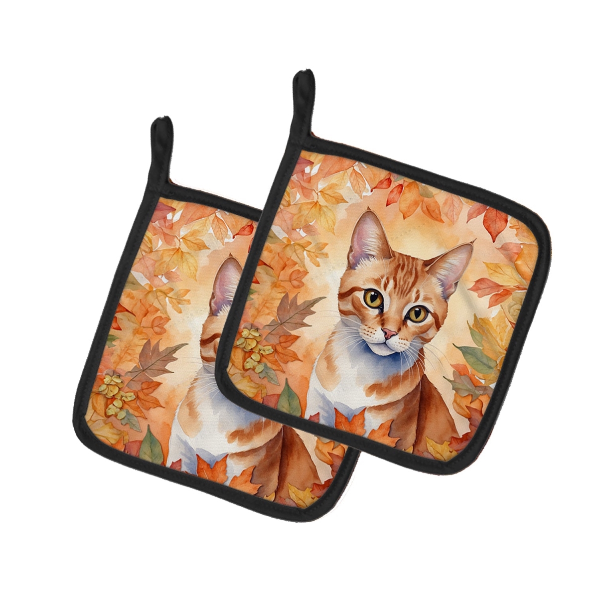 Picture of Carolines Treasures DAC7110PTHD 7.5 x 7.5 in. Arabian Mau Cat in Fall Leaves Pot Holders - Set of 2