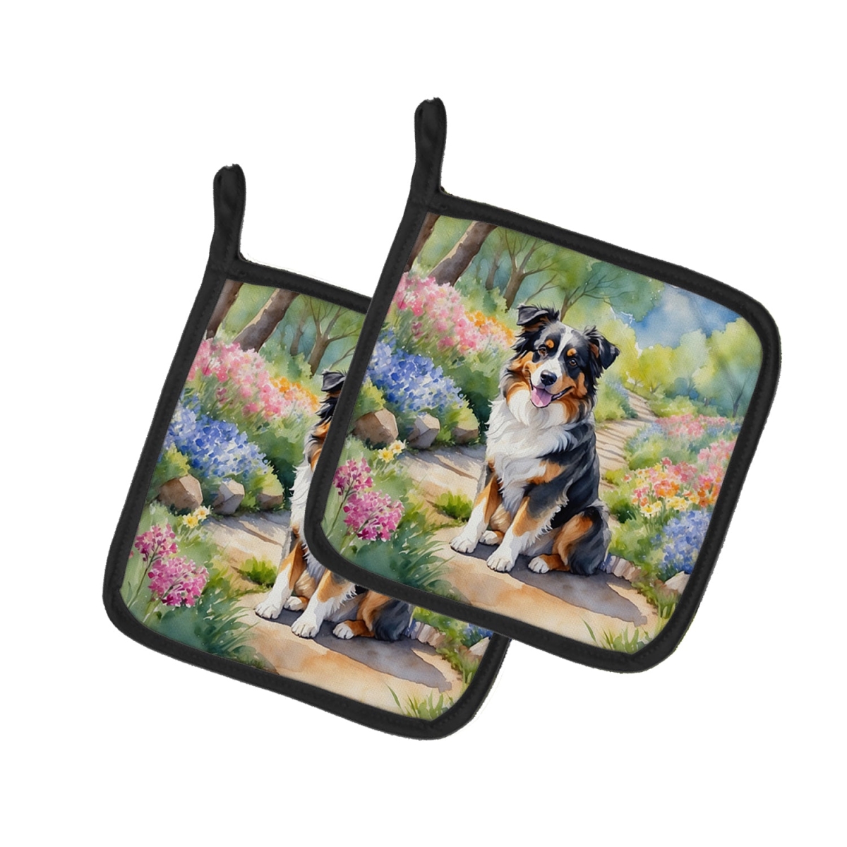 DAC6556PTHD 7.5 x 7.5 in. Australian Shepherd Spring Garden Pot Holders - Set of 2