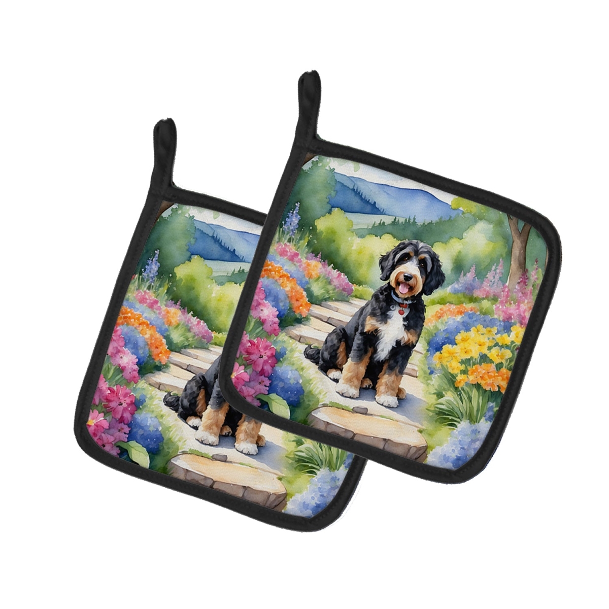DAC6567PTHD 7.5 x 7.5 in. Bernedoodle Spring Path Pot Holders - Set of 2