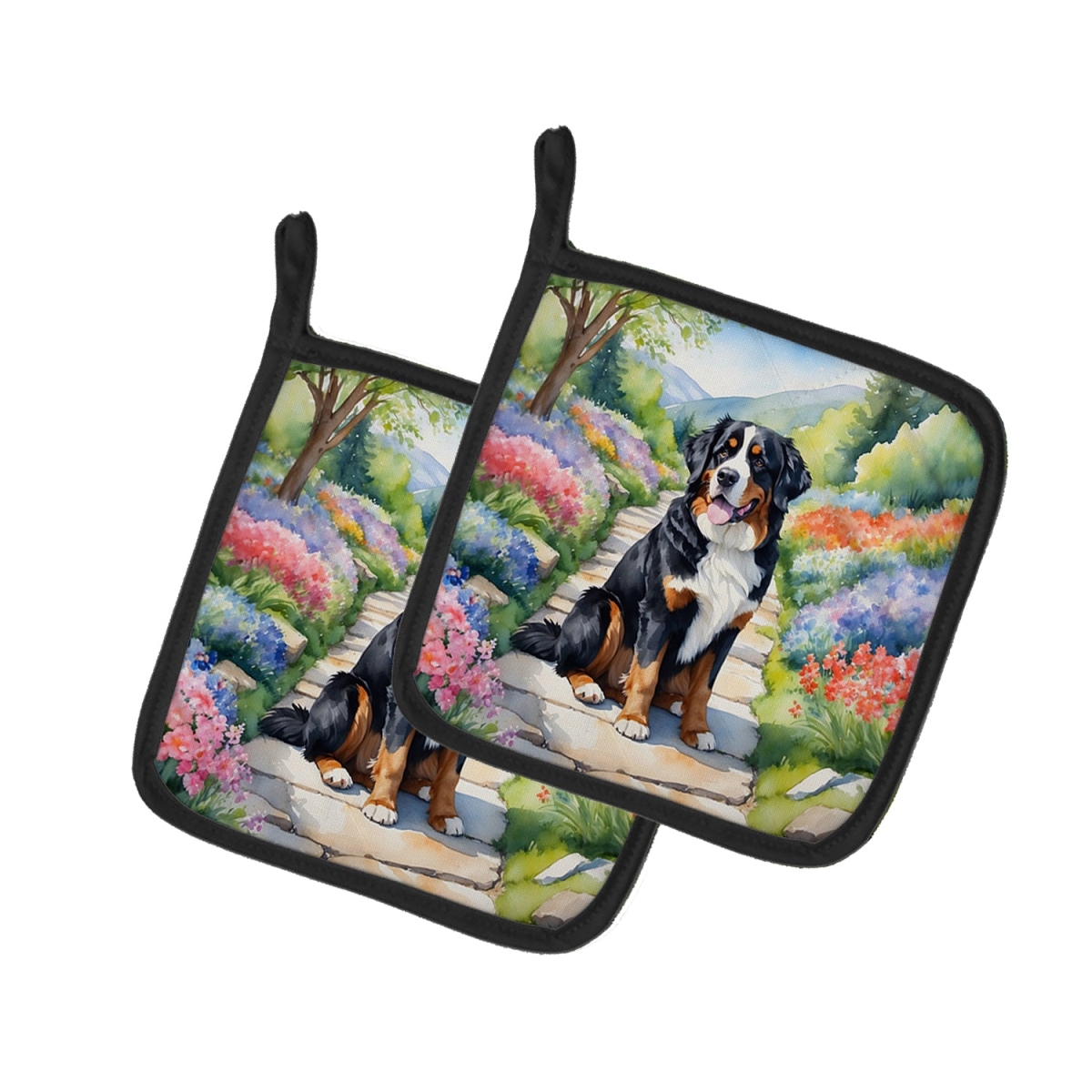 DAC6568PTHD 7.5 x 7.5 in. Bernese Mountain Dog Spring Path Pot Holders - Set of 2