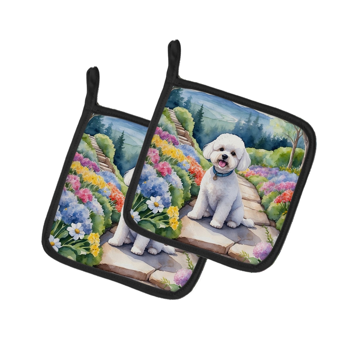 DAC6569PTHD 7.5 x 7.5 in. Bichon Frise Spring Path Pot Holders - Set of 2