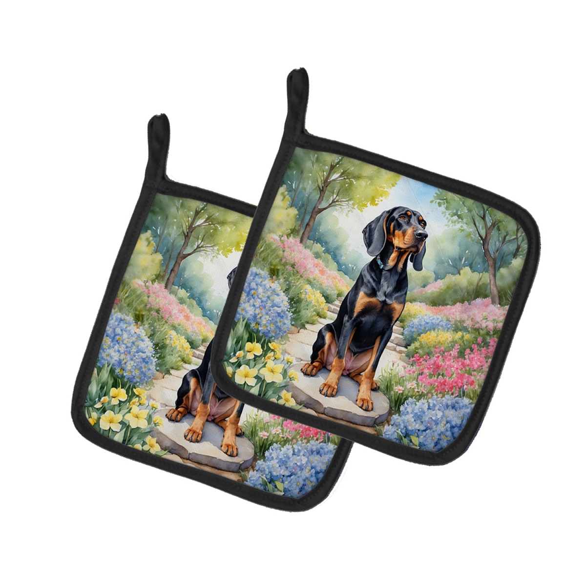DAC6570PTHD 7.5 x 7.5 in. Black & Tan Coonhound Spring Path Pot Holders - Set of 2