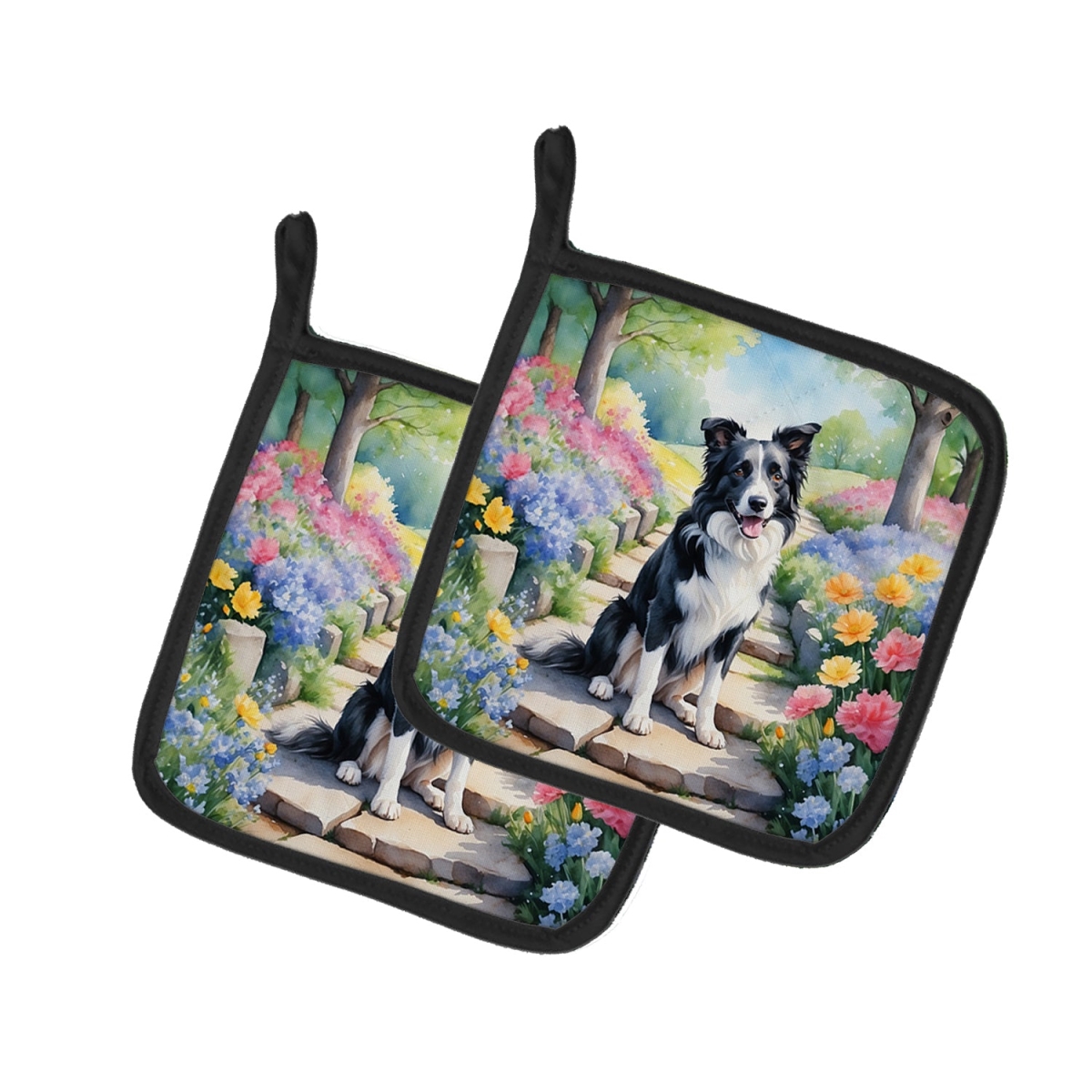 DAC6573PTHD 7.5 x 7.5 in. Border Collie Spring Path Pot Holders - Set of 2