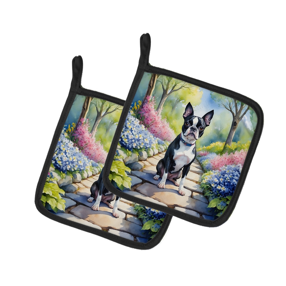 DAC6577PTHD 7.5 x 7.5 in. Boston Terrier Spring Path Pot Holders - Set of 2