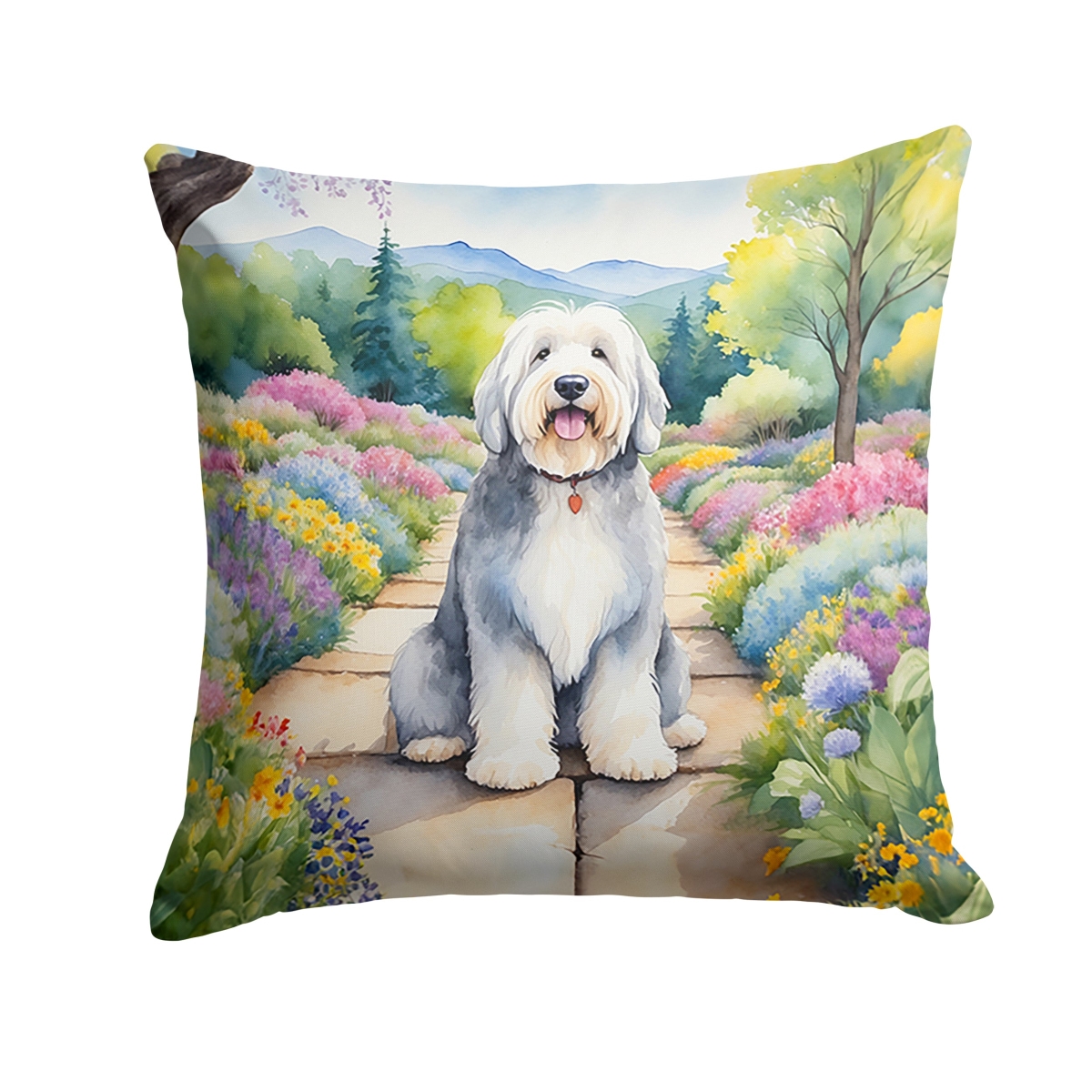 DAC6682PW1414 14 x 14 in. Old English Sheepdog Spring Path Throw Pillow