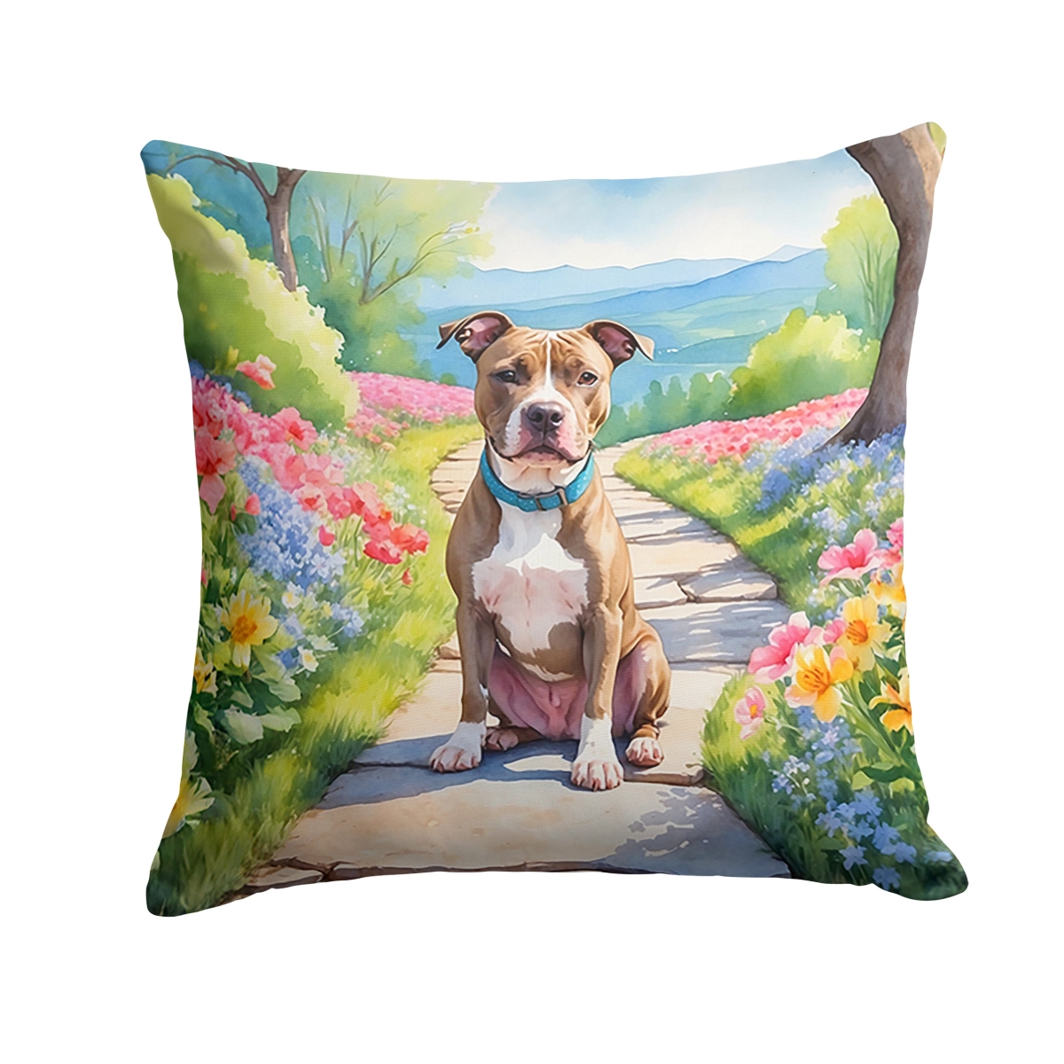 DAC6686PW1414 14 x 14 in. Pit Bull Terrier Spring Path Throw Pillow