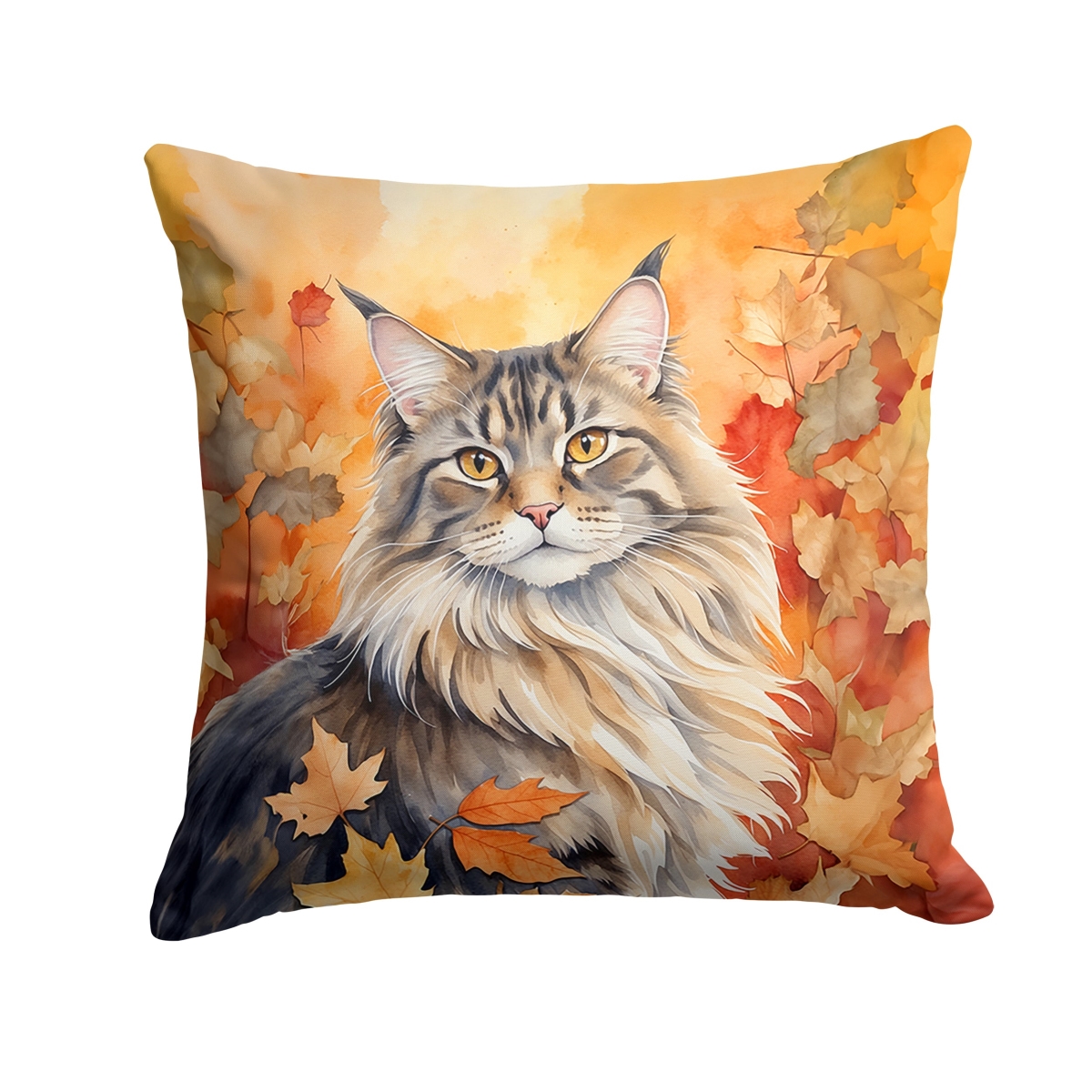DAC7148PW1414 14 x 14 in. MaineCoon Cat in Fall Leaves Throw Pillow