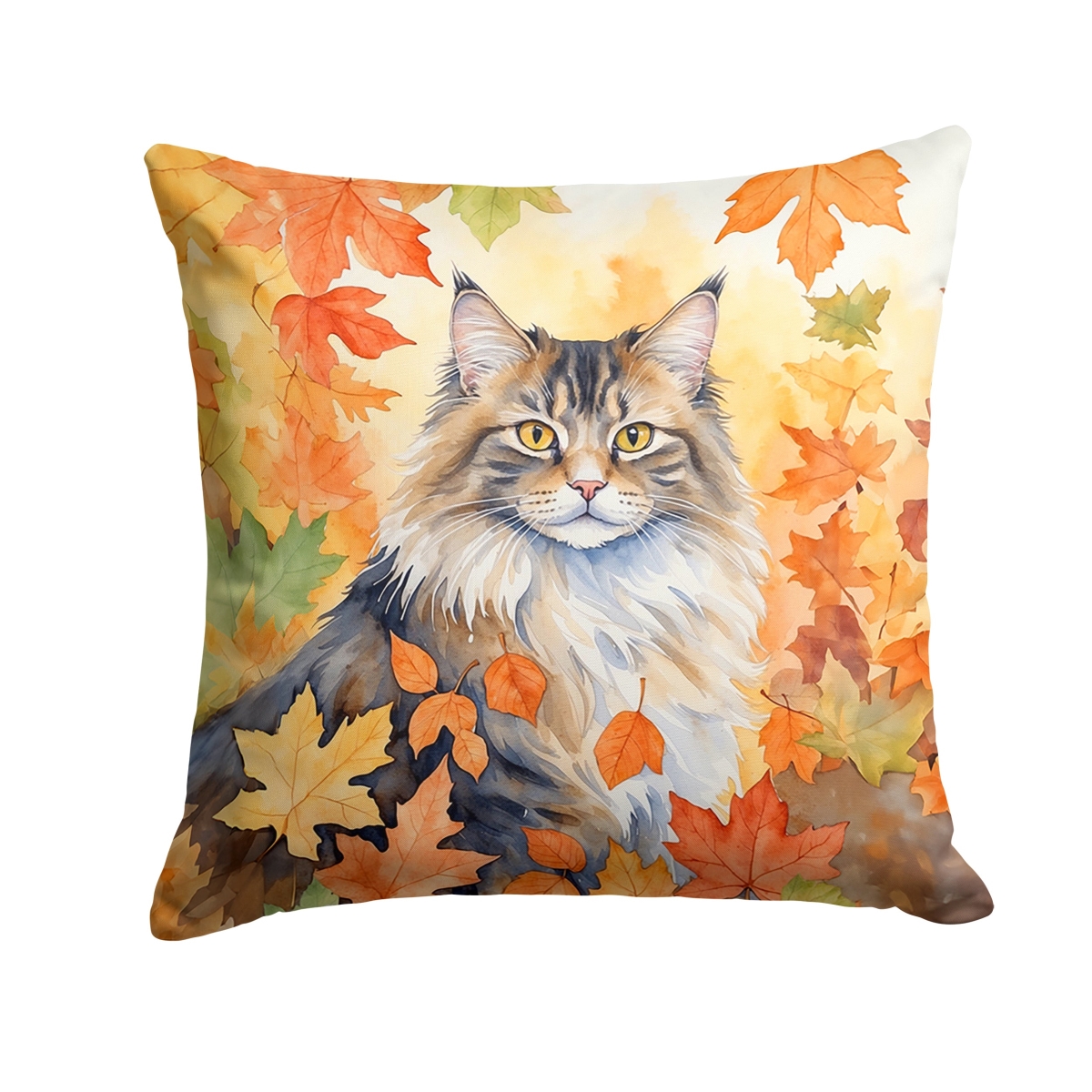 DAC7153PW1414 14 x 14 in. Norwegian Forest Cat in Fall Leaves Throw Pillow