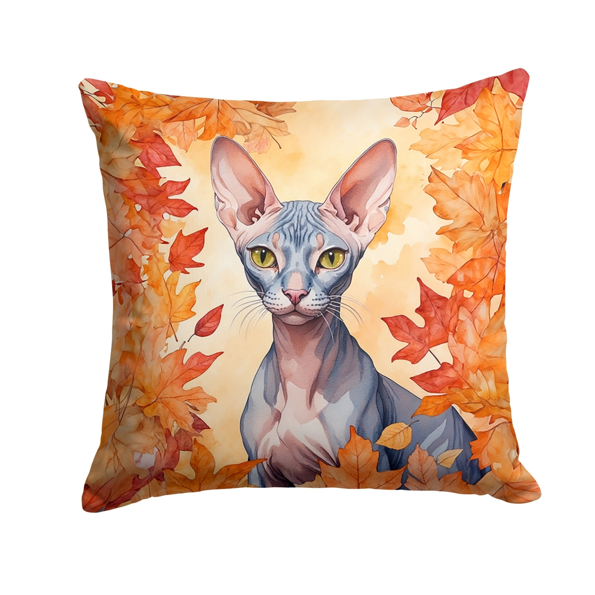DAC7161PW1414 14 x 14 in. Peterbald Cat in Fall Leaves Throw Pillow