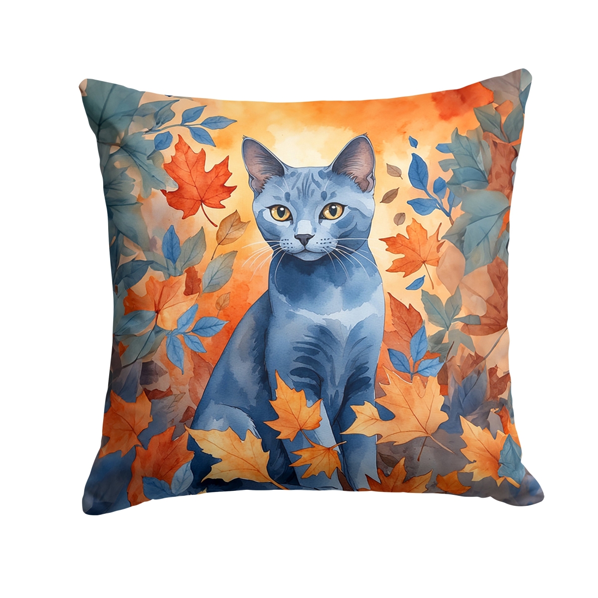DAC7165PW1414 14 x 14 in. Russian Blue Cat in Fall Leaves Throw Pillow