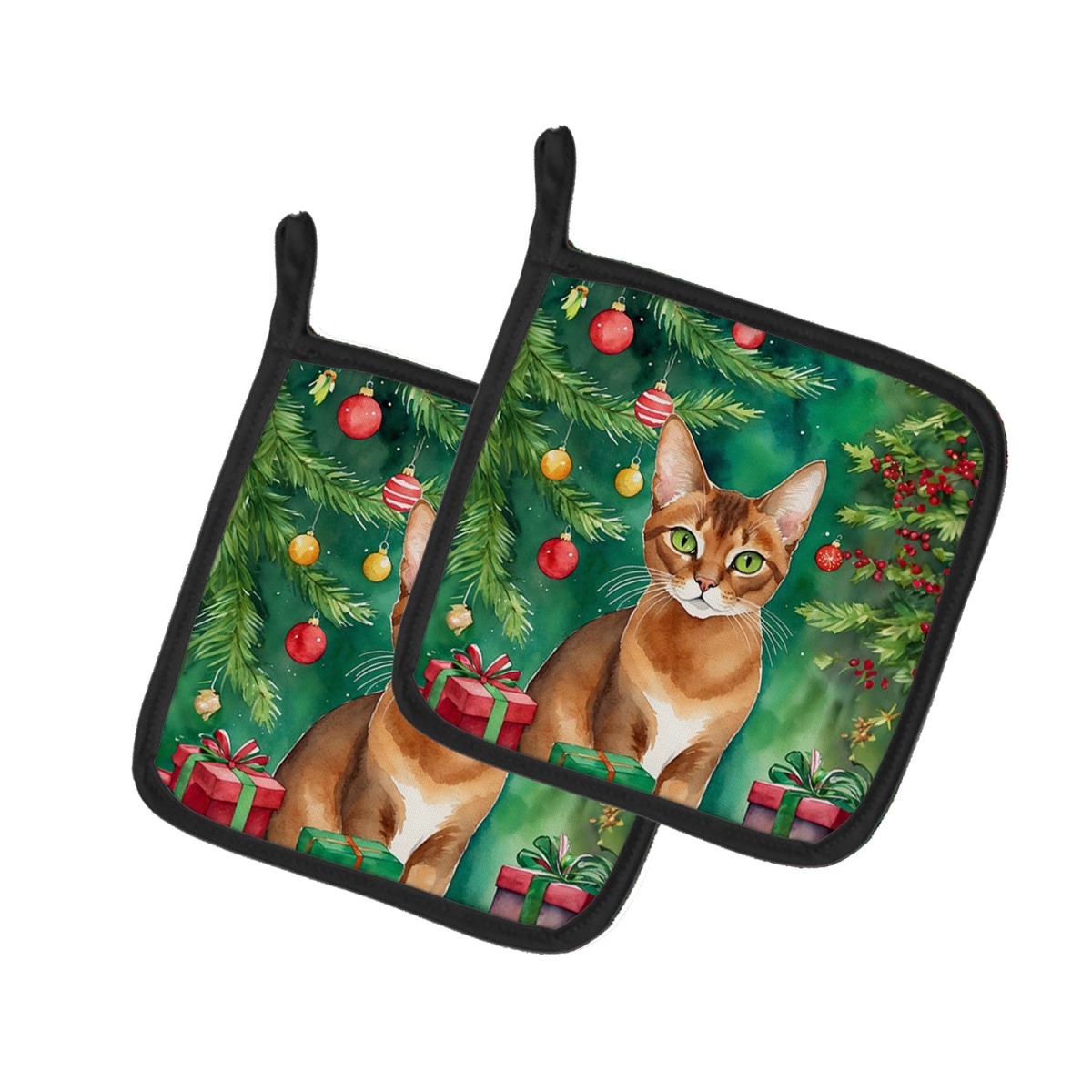 DAC7186PTHD 7.5 x 7.5 in. Abyssinian Cat by the Christmas Tree Pot Holders - Set of 2