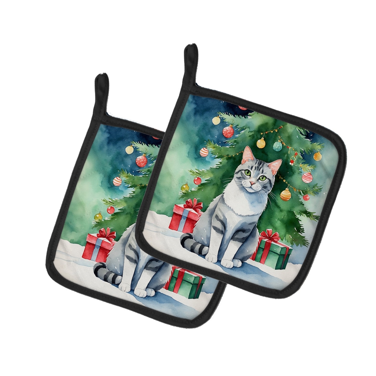 DAC7187PTHD 7.5 x 7.5 in. Aegean Cat by the Christmas Tree Pot Holders - Set of 2