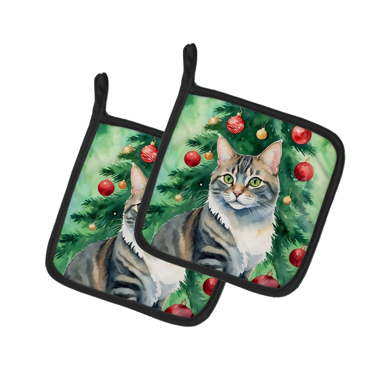 DAC7188PTHD 7.5 x 7.5 in. American Bobtail Cat by the Christmas Tree Pot Holders - Set of 2