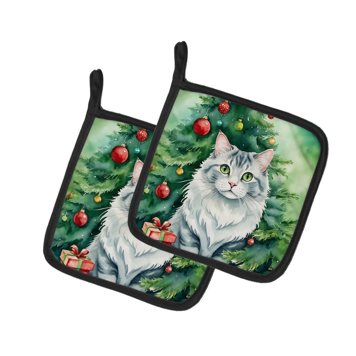 DAC7189PTHD 7.5 x 7.5 in. American Curl Cat by the Christmas Tree Pot Holders - Set of 2