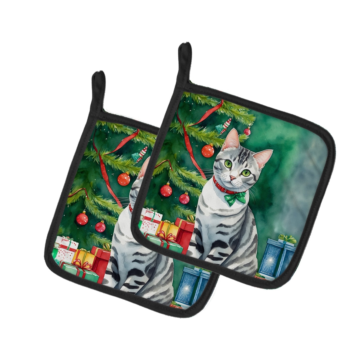 DAC7191PTHD 7.5 x 7.5 in. American Shorthair Cat by the Christmas Tree Pot Holders - Set of 2