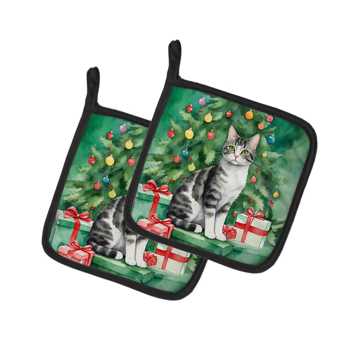 DAC7192PTHD 7.5 x 7.5 in. American Wirehair Cat by the Christmas Tree Pot Holders - Set of 2