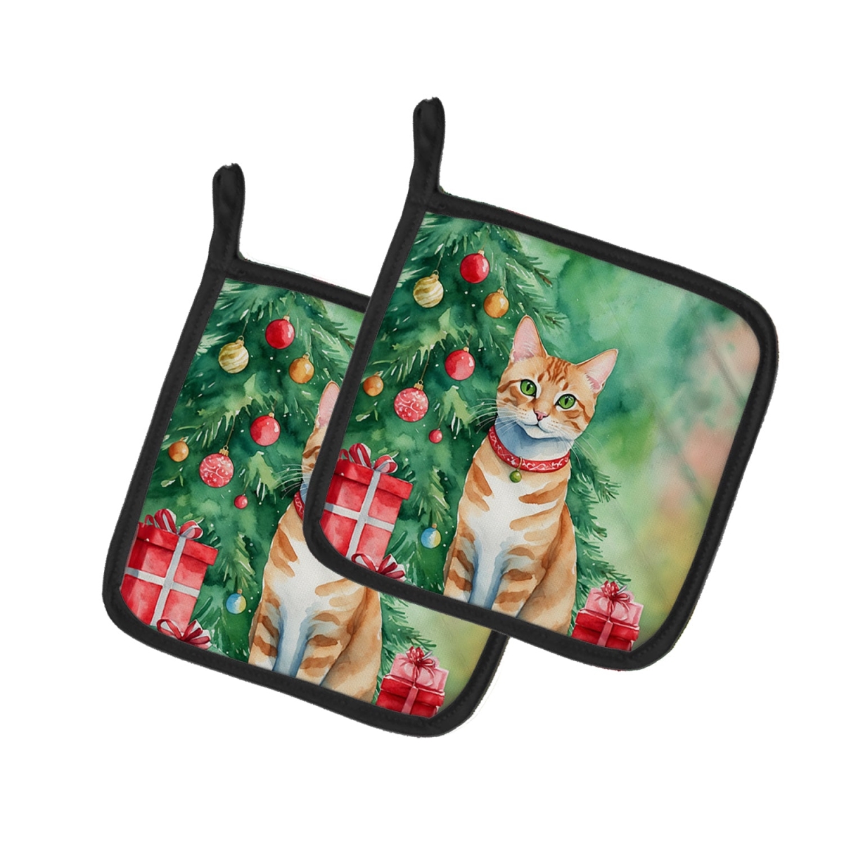 DAC7193PTHD 7.5 x 7.5 in. Arabian Mau Cat by the Christmas Tree Pot Holders - Set of 2
