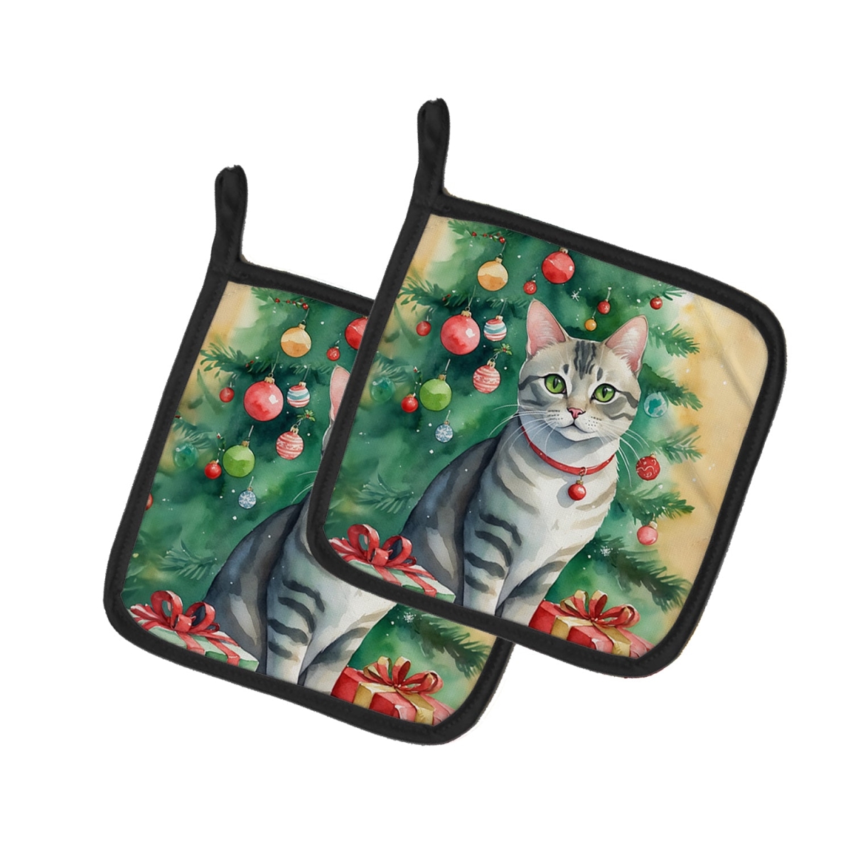 DAC7194PTHD 7.5 x 7.5 in. Asian Cat by the Christmas Tree Pot Holders - Set of 2