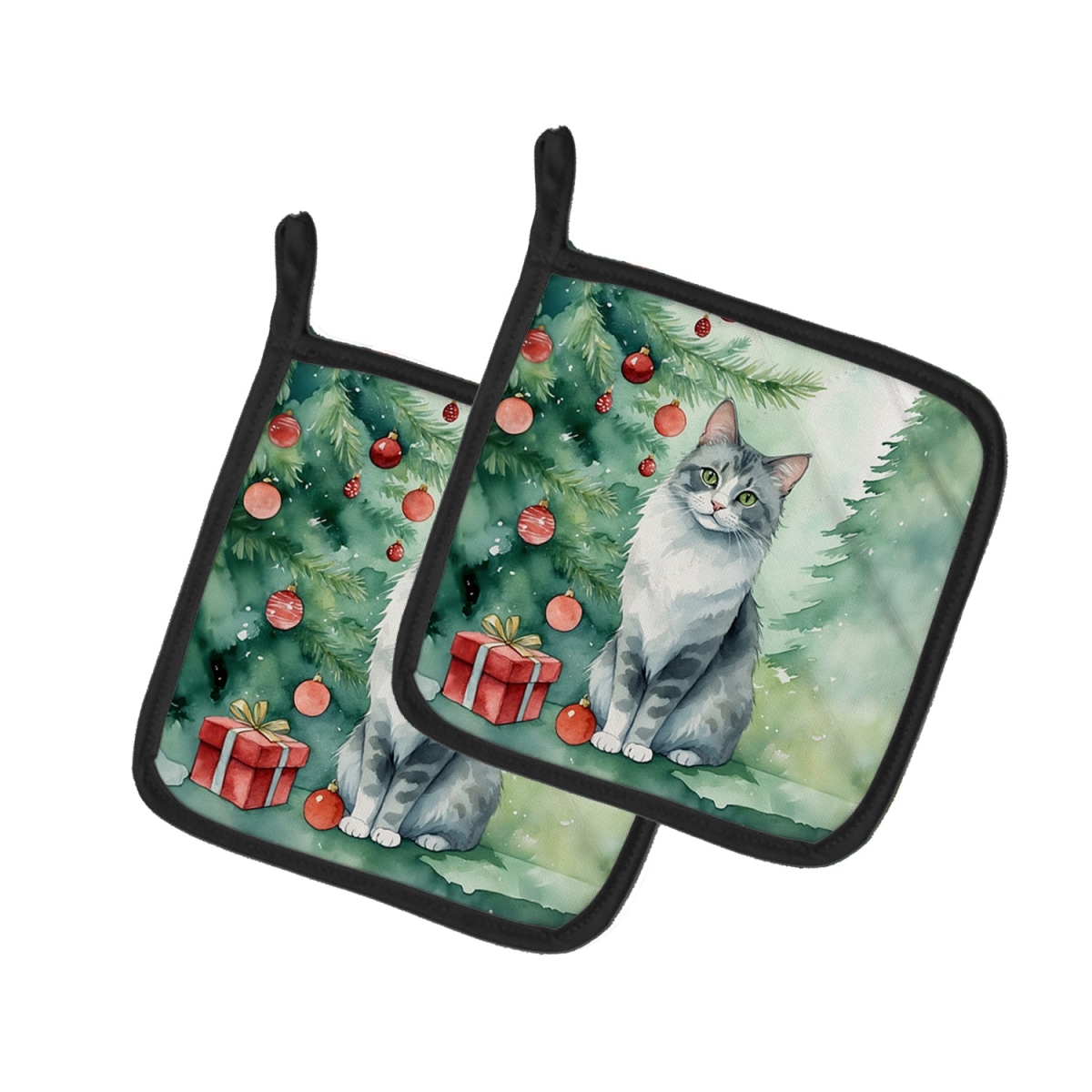 DAC7195PTHD 7.5 x 7.5 in. Australian Mist Cat by the Christmas Tree Pot Holders - Set of 2