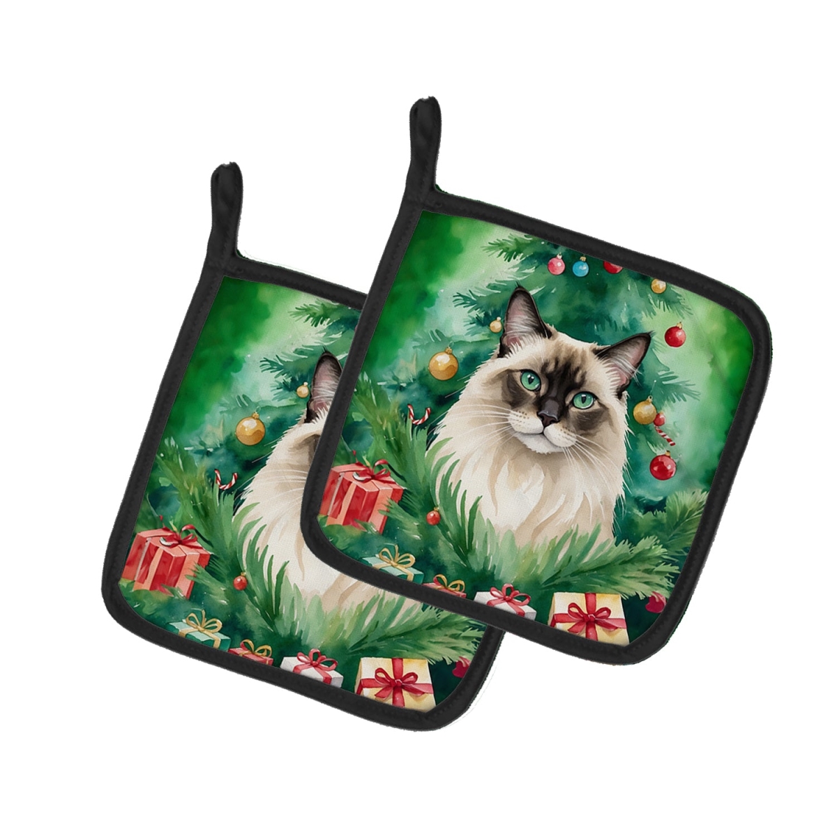 DAC7196PTHD 7.5 x 7.5 in. Balinese Cat by the Christmas Tree Pot Holders - Set of 2