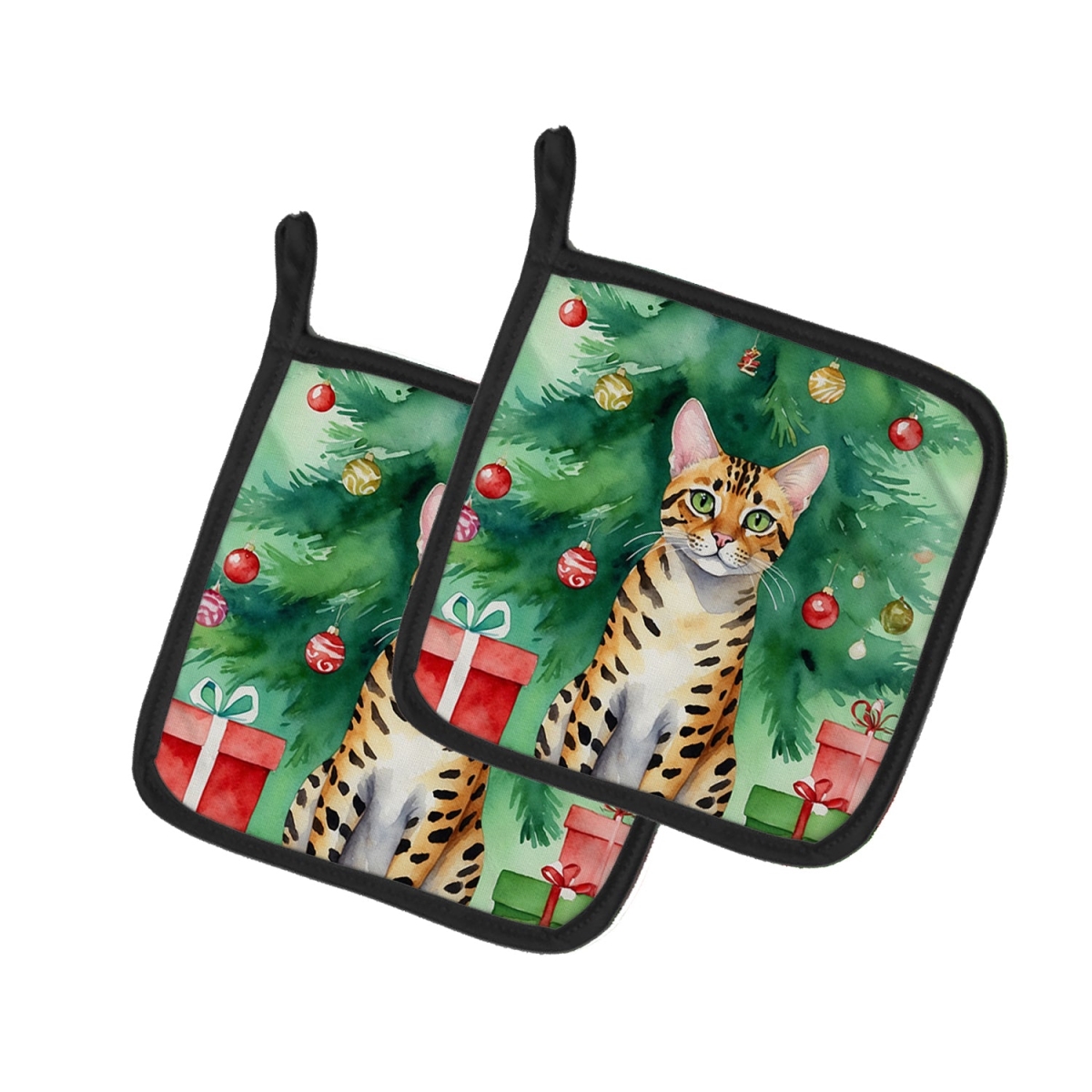 DAC7197PTHD 7.5 x 7.5 in. Bengal Cat by the Christmas Tree Pot Holders - Set of 2