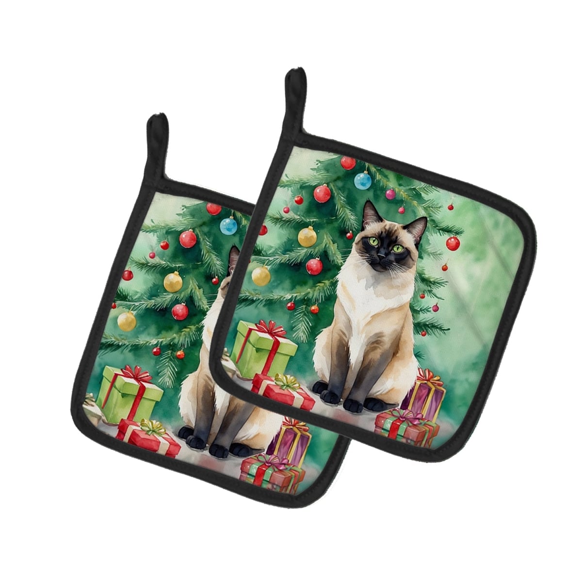 DAC7198PTHD 7.5 x 7.5 in. Birman Cat by the Christmas Tree Pot Holders - Set of 2