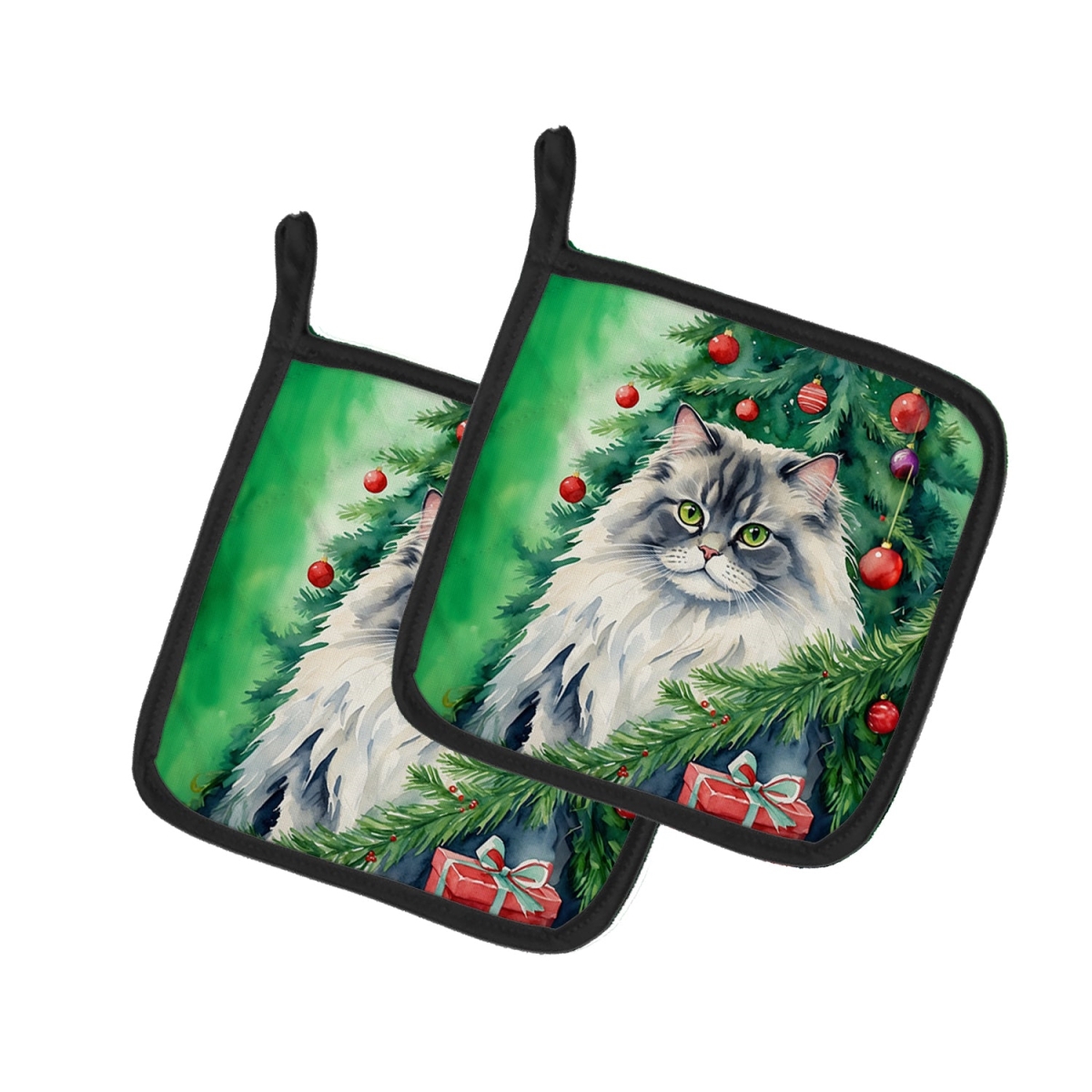 DAC7199PTHD 7.5 x 7.5 in. British Longhair Cat by the Christmas Tree Pot Holders - Set of 2