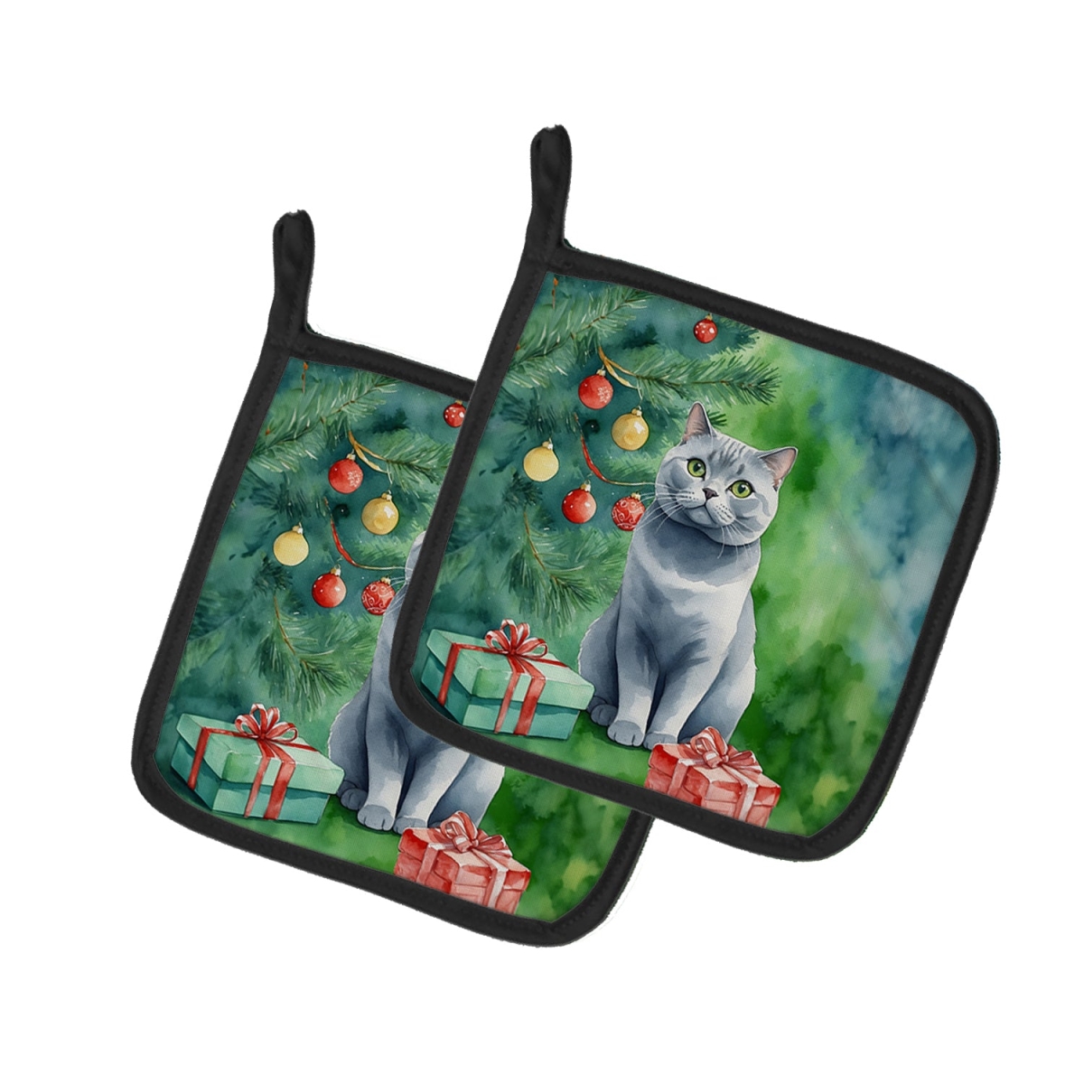 DAC7200PTHD 7.5 x 7.5 in. British Shorthair Cat by the Christmas Tree Pot Holders - Set of 2